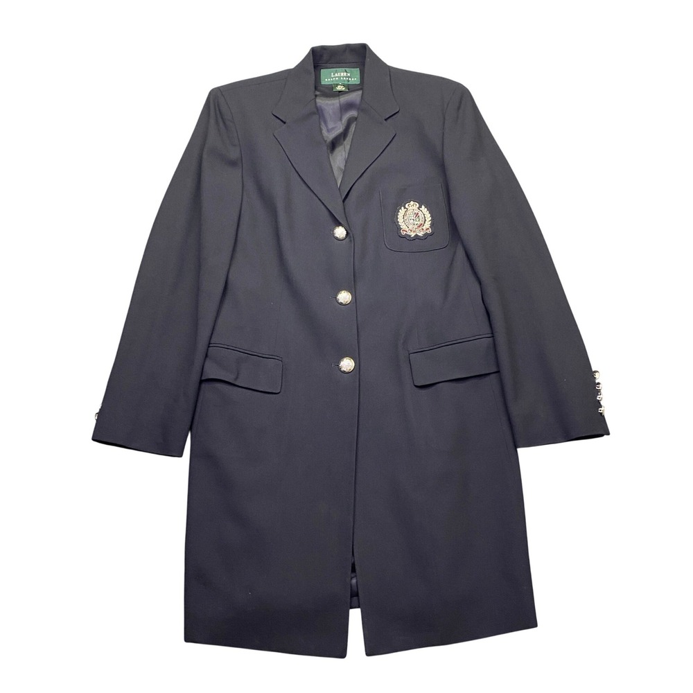 VTG Lauren Ralph Lauren Black Crest Longline Wool Blazer Jacket Sz 8 USA